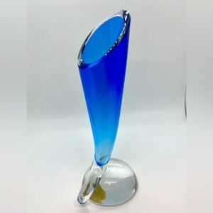 Vtg Val St. Lambert Blue Cornucopia Vase Signed w Certificate | 7.8” H